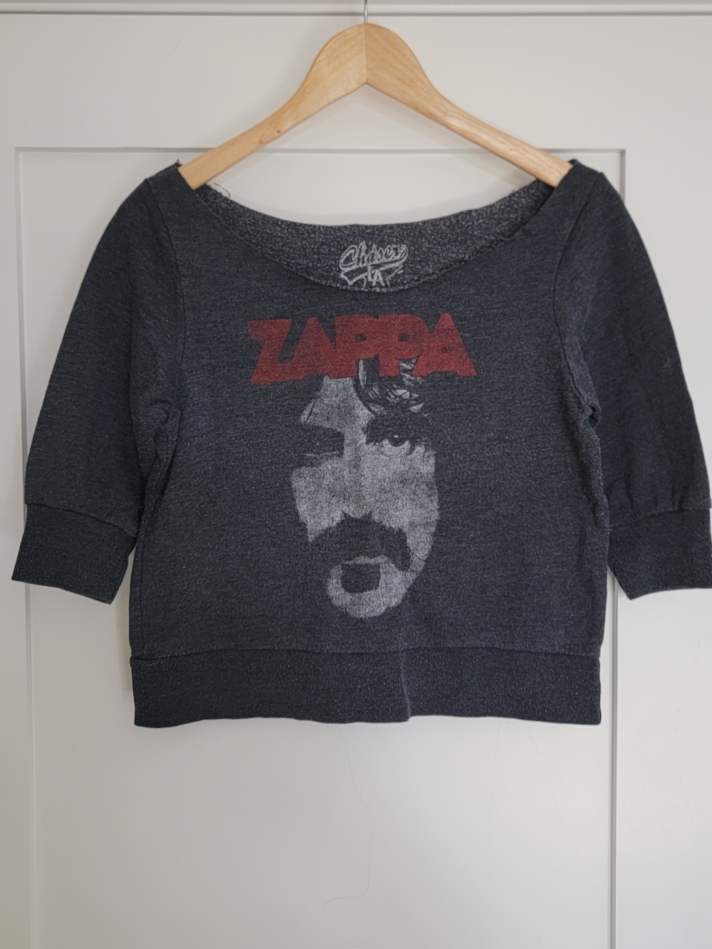 Chaser Off Shoulder Charcoal Crewneck Sweatshirt with Red Zappa Graphic S